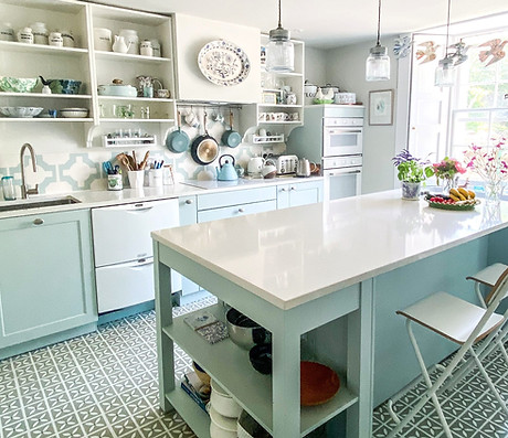 large family kitchen design with central island glacier blue