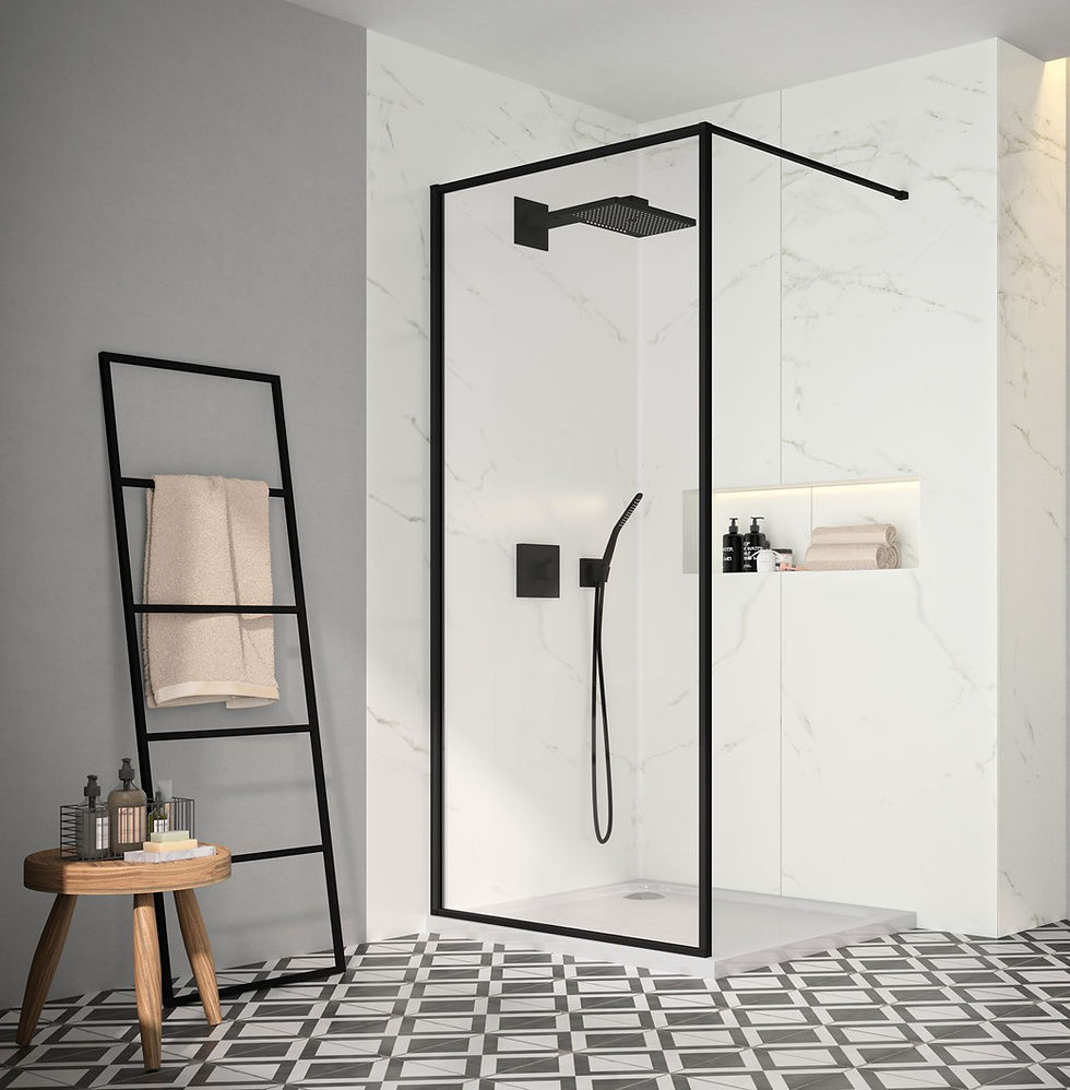 Merlyn walk in shower with black trim and black & white bathroom tiles