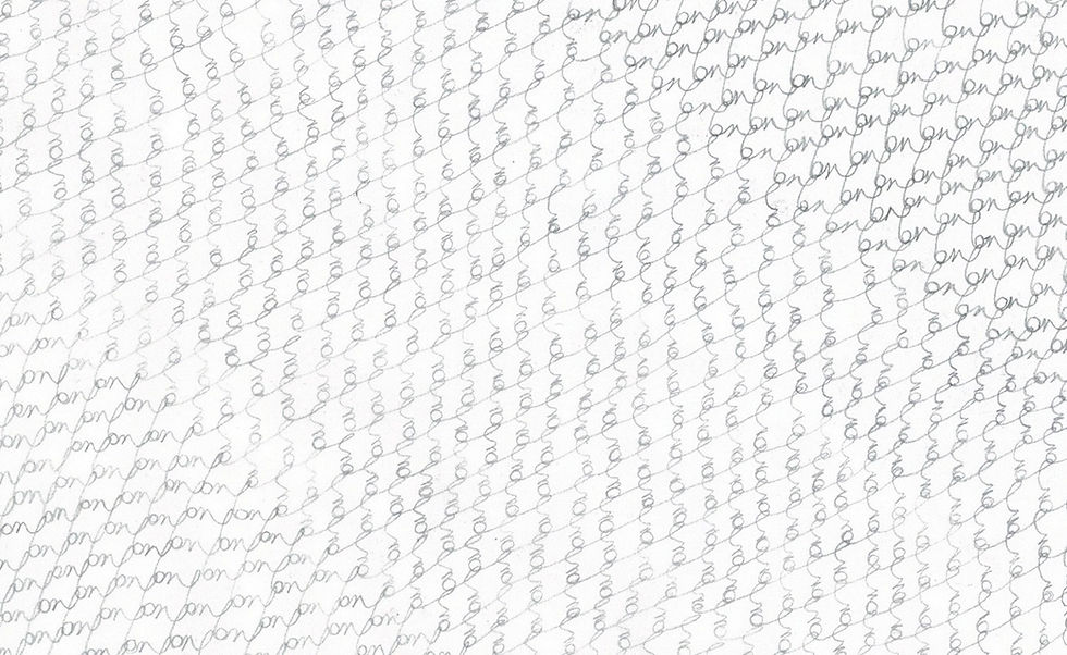 A crop of a pencil drawing. Ambiguous letterforms have been copied imperfectly in linked rows, forming an image that looks similar to a lace fabric.