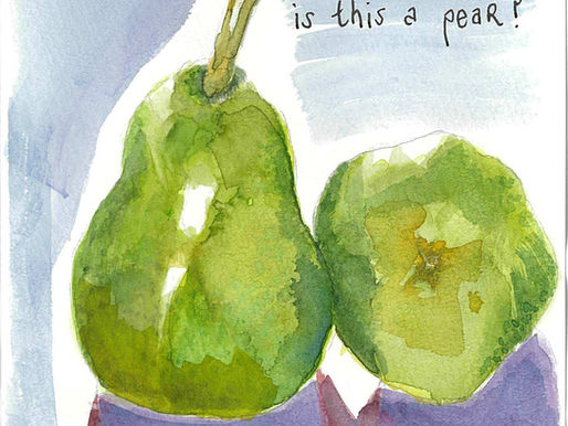 Watercolour-like painting of what appears to be two green pears, one placed upright and one on its side. There are shadows at the base of each pear. The question 'is this a pear?' is written alongside the pears.