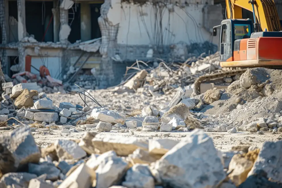 Chantier de démolition avec pelle mécanique et gravats après destruction d’un bâtiment