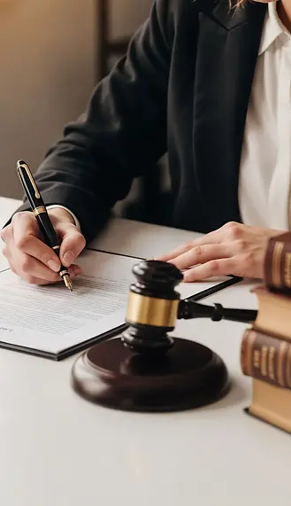 Gros plan d'une personne en costume signant un document officiel avec un stylo-plume, avec un marteau de juge et une pile de livres de droit au premier plan.