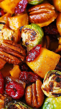 Roasted Brussels Sprouts and Cinnamon Butternut Squash with Pecans and Cranberries