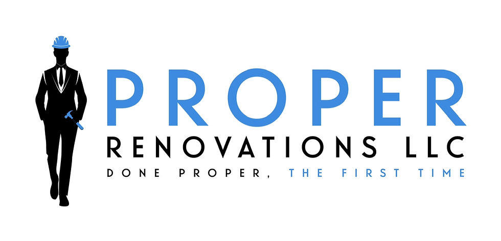 Silhouette of a person in a suit holding a hammer, wearing a blue hard hat. Text: PROPER RENOVATIONS LLC. Done Proper, The First Time.