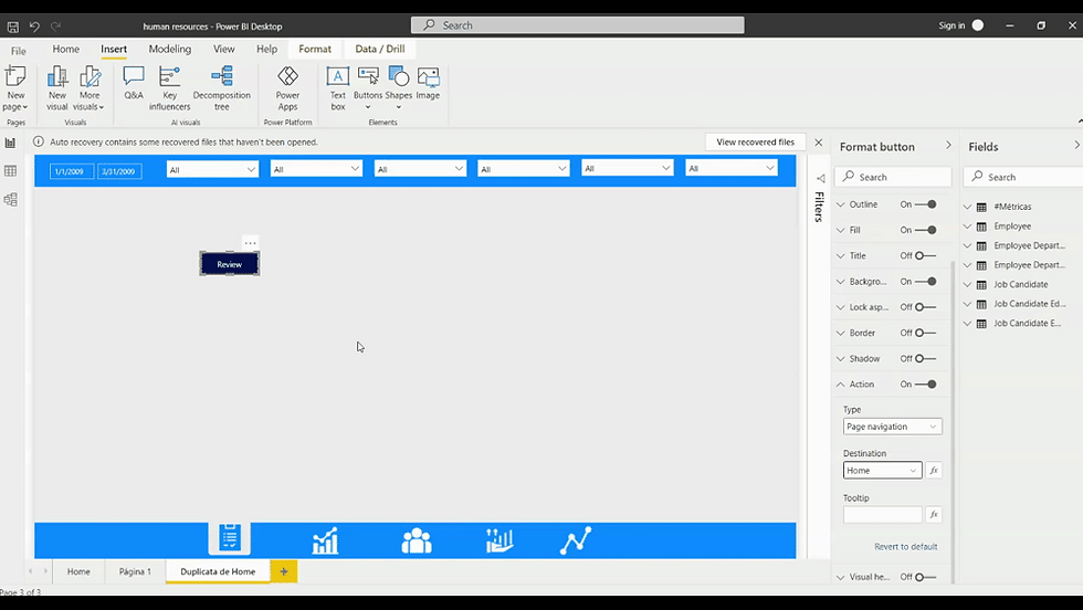 GIF testando o nosso botão - click em review e mudando de página no power BI desktop