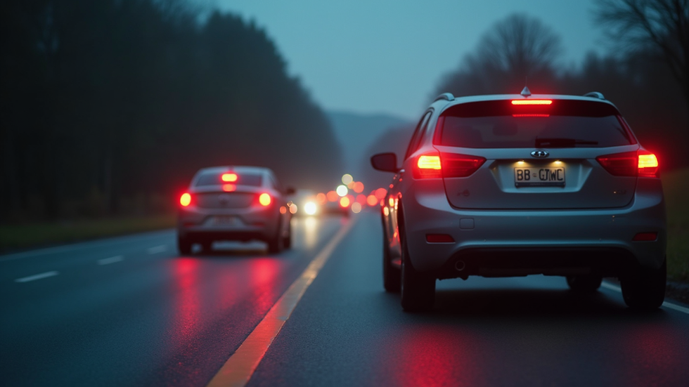 Eye-level view of a car stopped safely on the roadside with hazard lights on