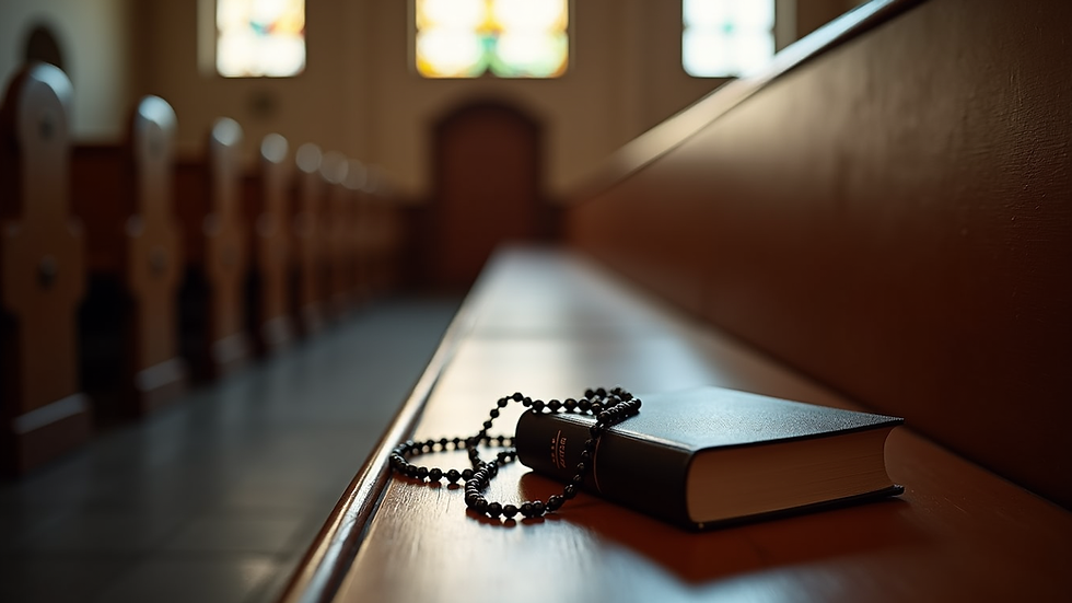 Eye-level view of a quiet church pew with a Bible and rosary