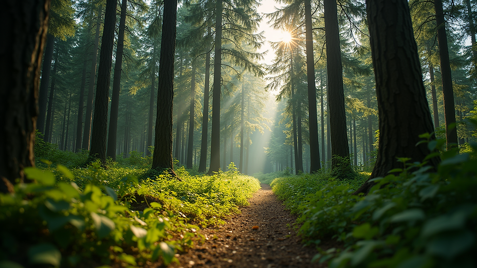 Eye-level view of a lush forest with tall trees