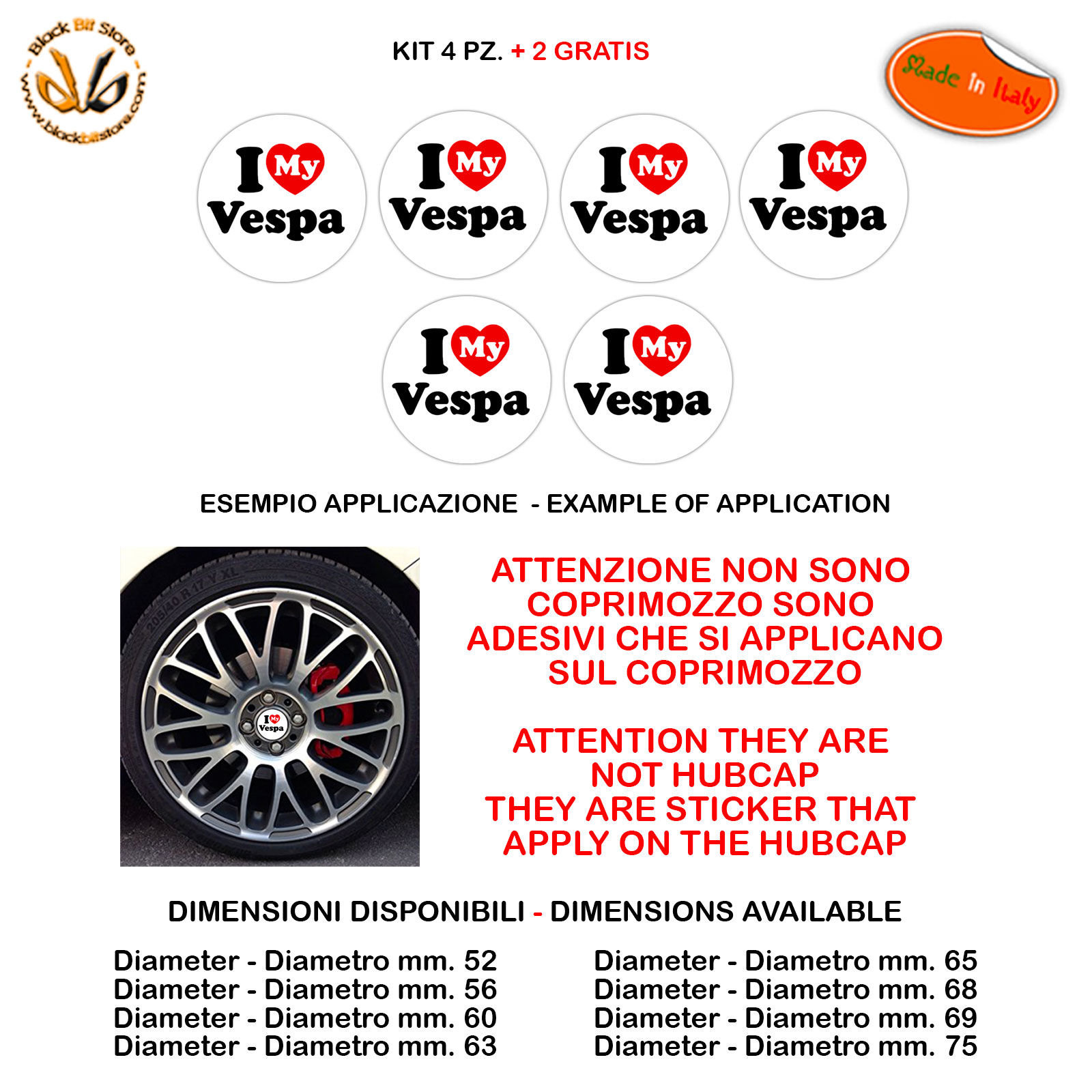 Adesivi coprimozzo I love vespa sticker for hubcap auto moto