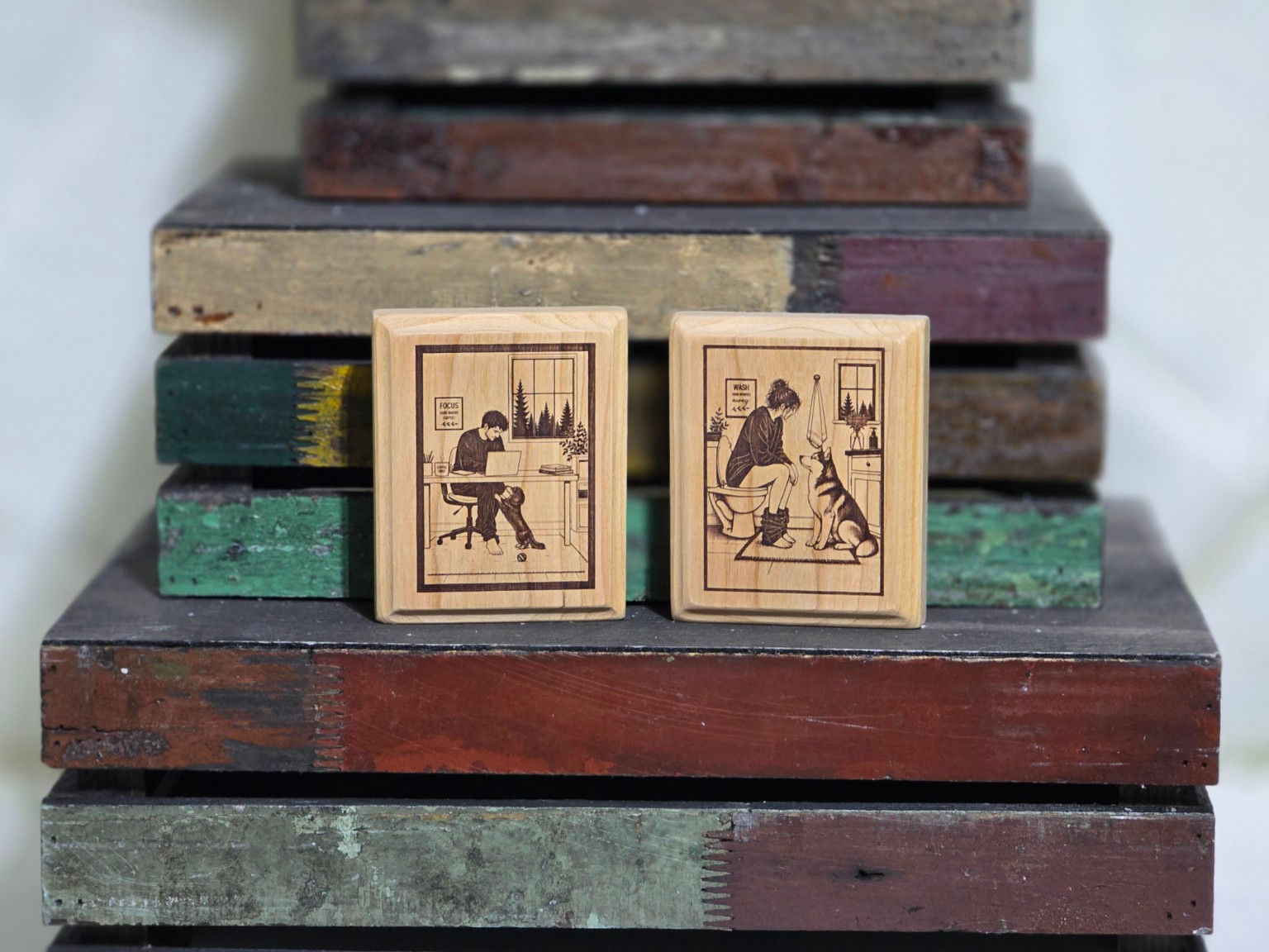 Both …and the Dog cherry wood art designs: work from home and bathroom.