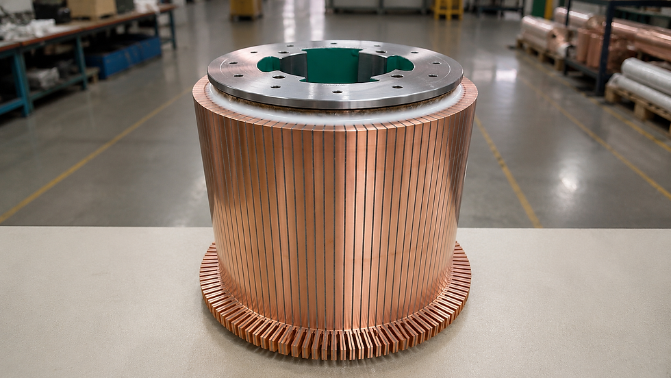 Comutador industrial de 108 lâminas para motor de corrente contínua, desenvolvido para estabilidade de comutação e durabilidade mecânica.