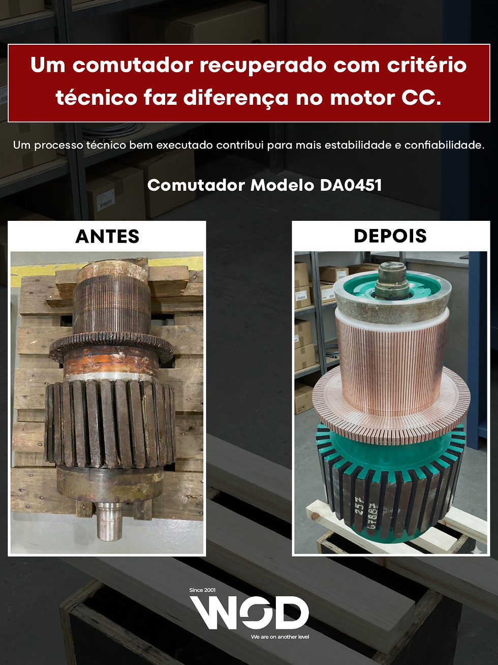 Comutador antes e depois de recuperação técnica. Fundo com prateleiras e caixas. Texto destaca melhoria e confiabilidade no motor CC.
