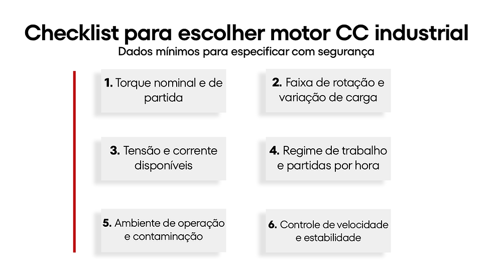 Checklist para escolher motor CC industrial com torque, rotação e regime de trabalho