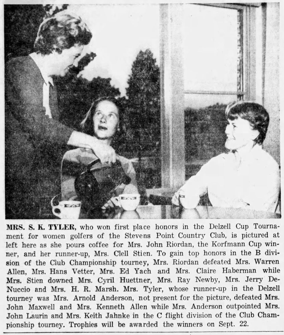 Mrs. S.K. Tyler is pouring coffee for Joanne Riordan and Clell Stein. Photo courtesy of the Stevens Point Journal and newspapers.com
