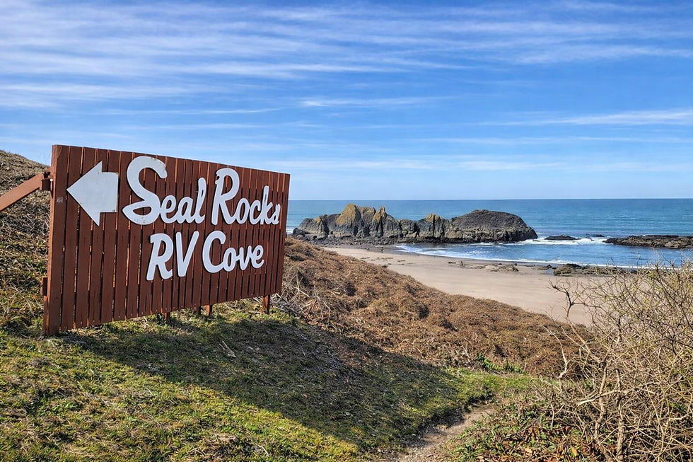 Directional sign in front of a beach that reads "Seal Rocks RV Cove"