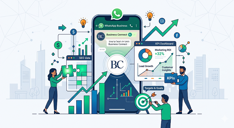 חוברת שיווק דיגיטלי עם סמארטפון WhatsApp Business, לוחות KPI ו-SEO, דמויות מנתחות נתונים וחיצי צמיחה.