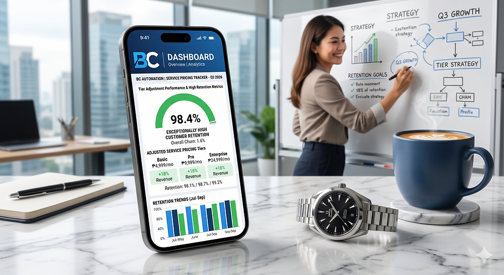 אישה מציירת על לוח מחיק במשרד; לידו טלפון עם Dashboard ו-98.4% שימור, כוס קפה ושעון על שולחן.