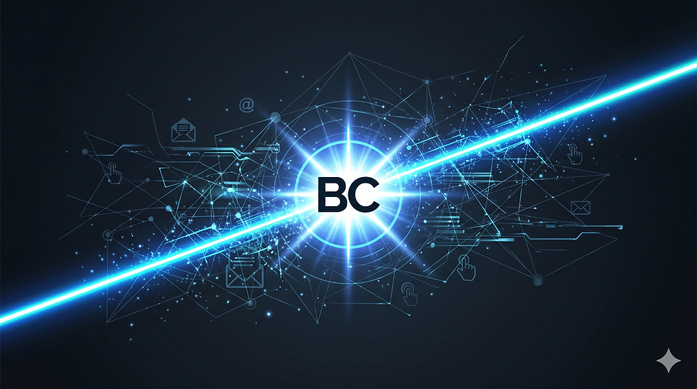 לוגו BC במרכז מסך כחול כהה עם קווים דיגיטליים זוהרים ואייקונים של דוא"ל, עכבר והודעת טקסט בסגנון מודרני וטכנולוגי.