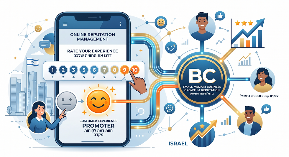 טלפון עם ONLINE REPUTATION MANAGEMENT ודירוג חוויה; יד לוחצת 10, סביבו סמלי צמיחה, עסקים קטנים ו-ISRAEL.