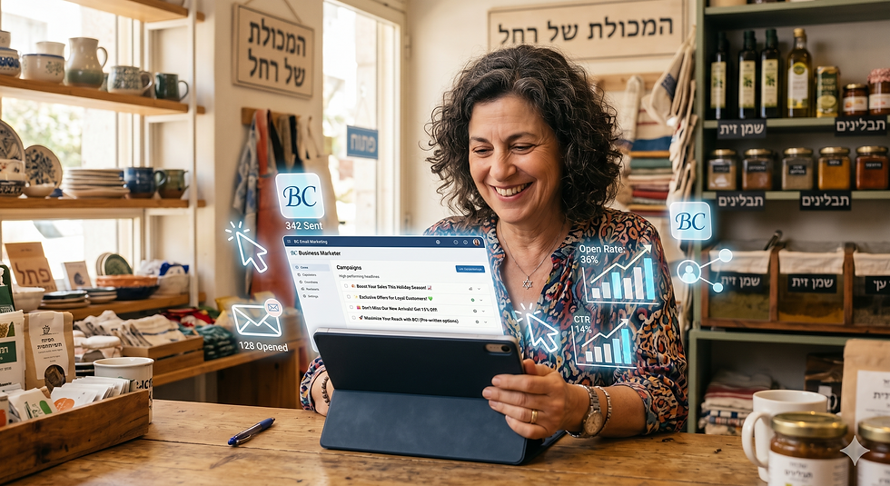 אישה מחייכת בשנות העמידה עם שיער מתולתל יושבת מאחורי דלפק עץ במכולת מקומית מקסימה הכוללת שלטים בעברית כמו 'המכולת של רחל'. היא מביטה בטאבלט המציג את ממשק פלטפורמת 'BC Email Marketing'. הולוגרמות דיגיטליות זוהרות צפות סביבה ומציגות מדדים כמו '342 Sent' (נשלחו), '128 Opened' (נפתחו), גרף עמודות של 'Open Rate: 36%' (שיעור פתיחה) וגרף קווי של 'CTR 14%' (שיעור קליקים). מדפים מלאים בצנצנות בוטיק, תבלינים ושמן זית ממלאים את הרקע החמים והמטושטש.