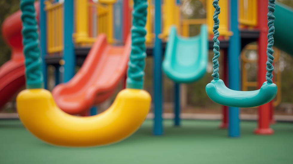Eye-level view of a vibrant playground filled with colorful swings and slides