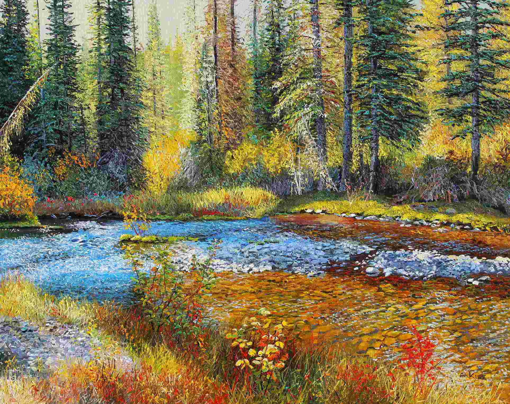 Original oil painting titled Kananaskis Stream showing clear mountain water flowing through bright autumn colours in a forest