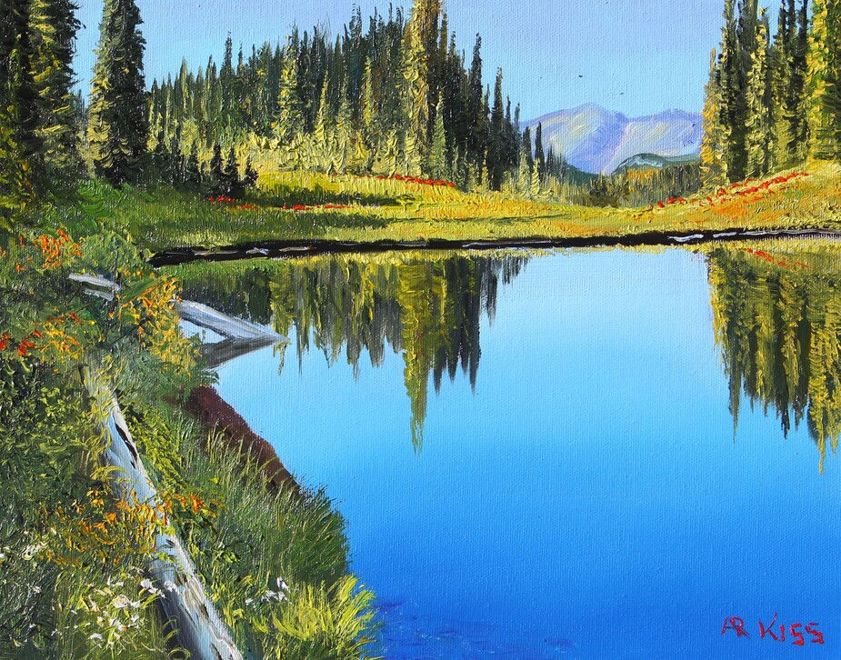 Alpine Lake by Andrew Kiss, an 11 x 14 oil painting of a calm reflective lake with evergreens and distant mountains.