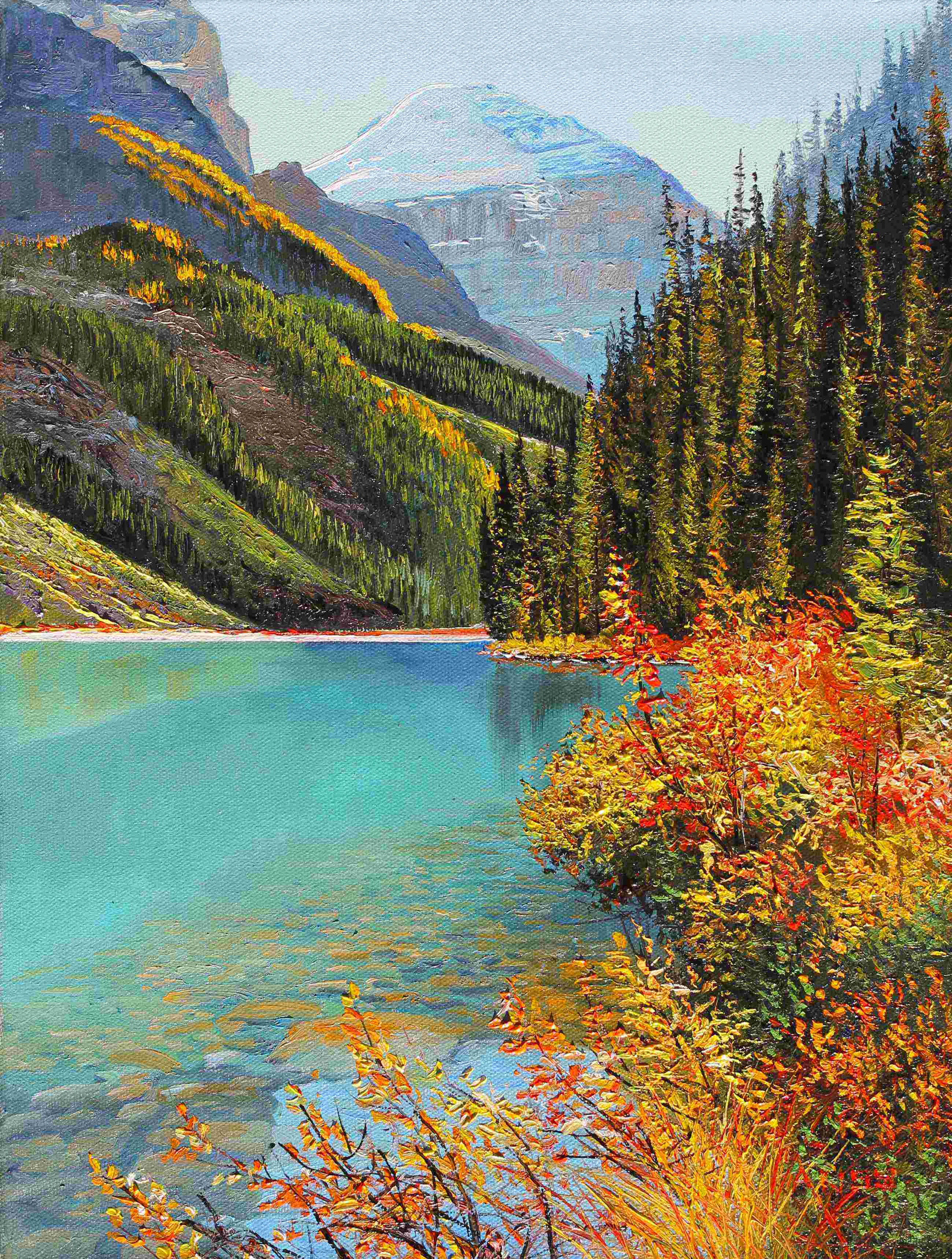 Lake Louise by Andrew Kiss, a 12 x 16 oil painting of a turquoise mountain lake with autumn trees and rugged peaks.
