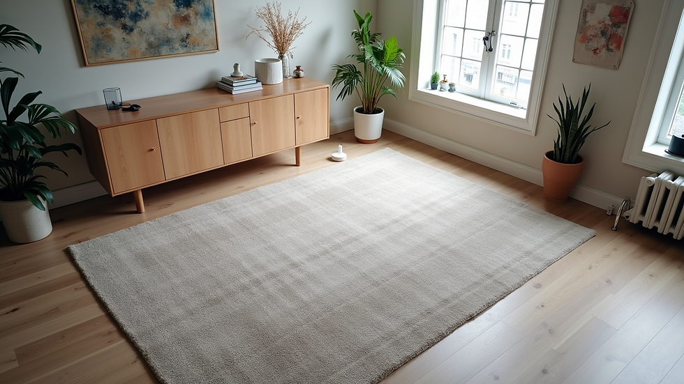 High angle view of contemporary area rug in modern office space