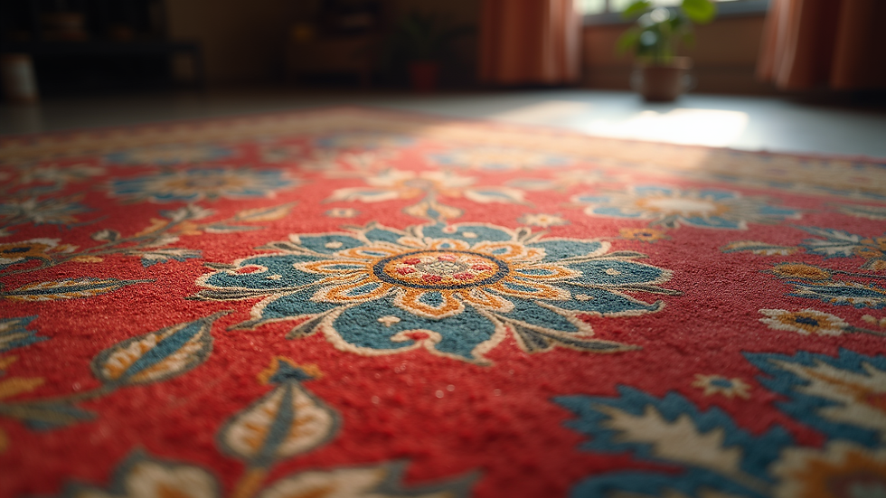 Eye-level view of traditional Indian rug with intricate floral patterns