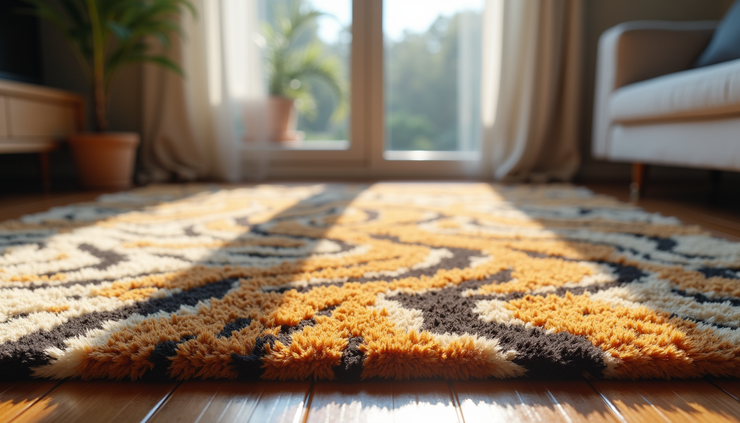 Eye-level view of Imperial Tiger Chenille Area Rug laid out in a cozy living room setting