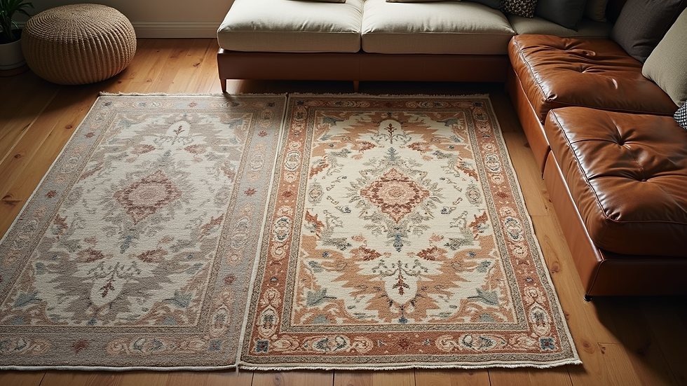 High angle view of a living room with hand knotted and hand tufted rugs side by side