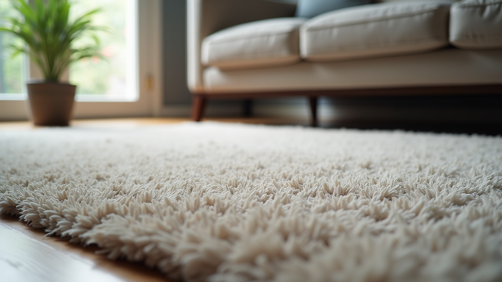Eye-level view of a large modern rug under a living room sofa