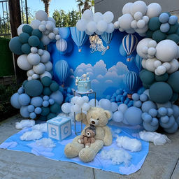 Baby shower display with balloon arch, sky-themed backdrop, teddy bears, a cake on a stand, and alphabet blocks on a cloud-patterned mat.