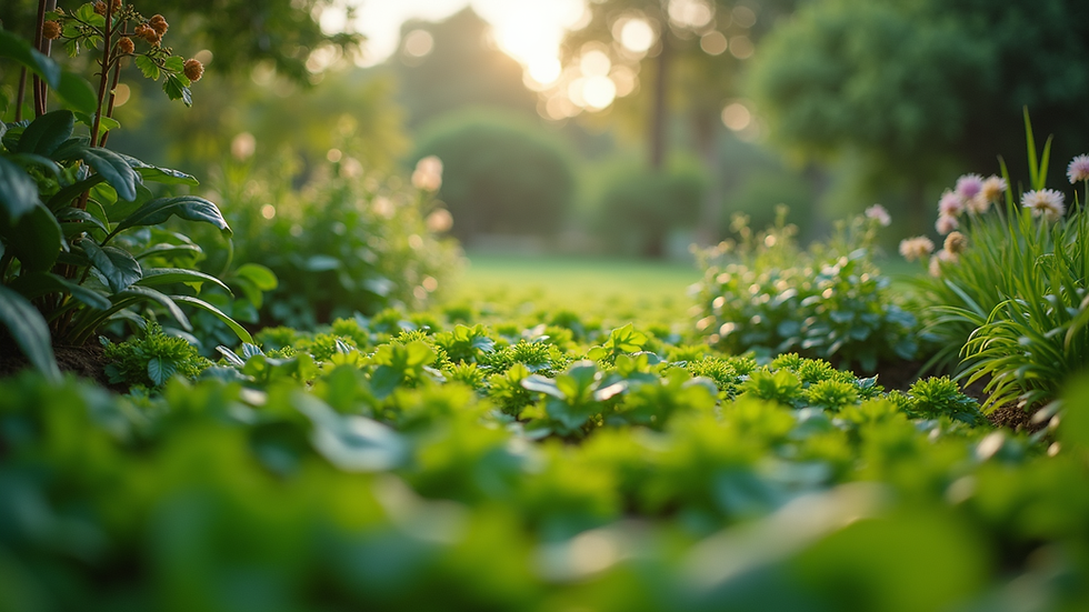 Eye-level view of a lush green garden with diverse plants