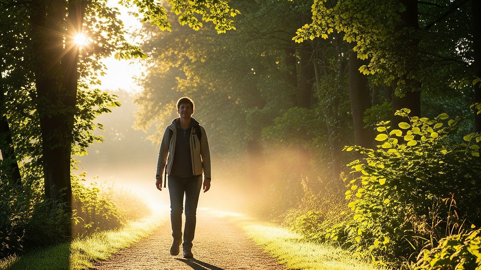 Uma pessoa caminha por um caminho iluminado numa floresta, simbolizando a jornada de autodescoberta e o fortalecimento da autoestima através da terapia