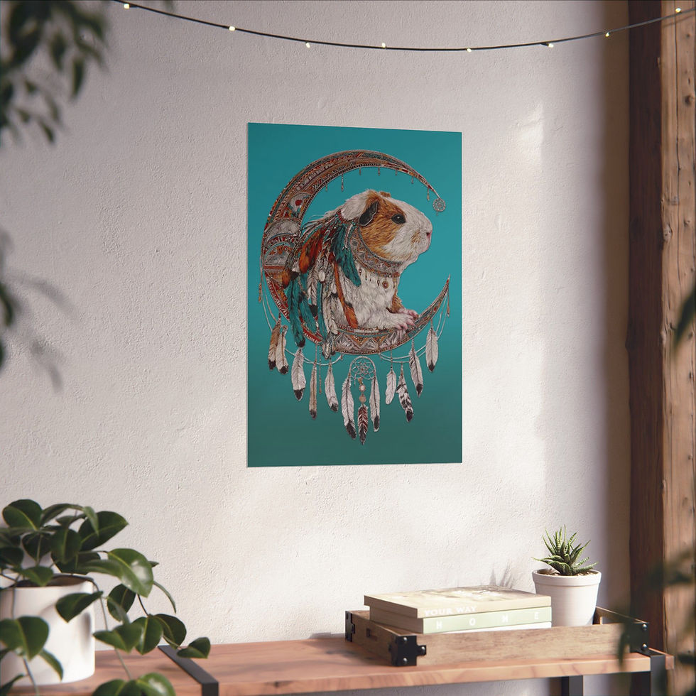 Thumbnail: Guinea Pig Moon Poster, Whimsical Boho Wall Art, Dreamcatcher-Inspired Decor
