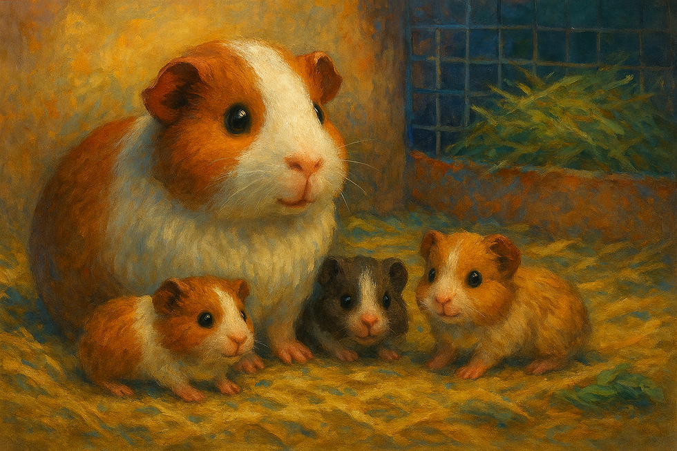 A mother guinea pig is sitting with her three pups.