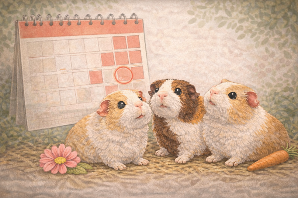 Three female guinea pigs in front of a calendar.