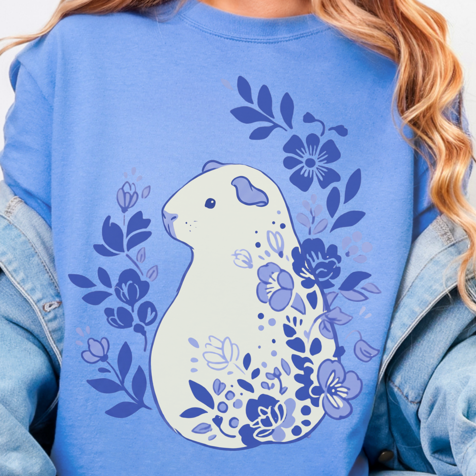 Blue Floral Guinea Pig Shirt, Botanical Cavy T-Shirt, Comfort Colors 1717