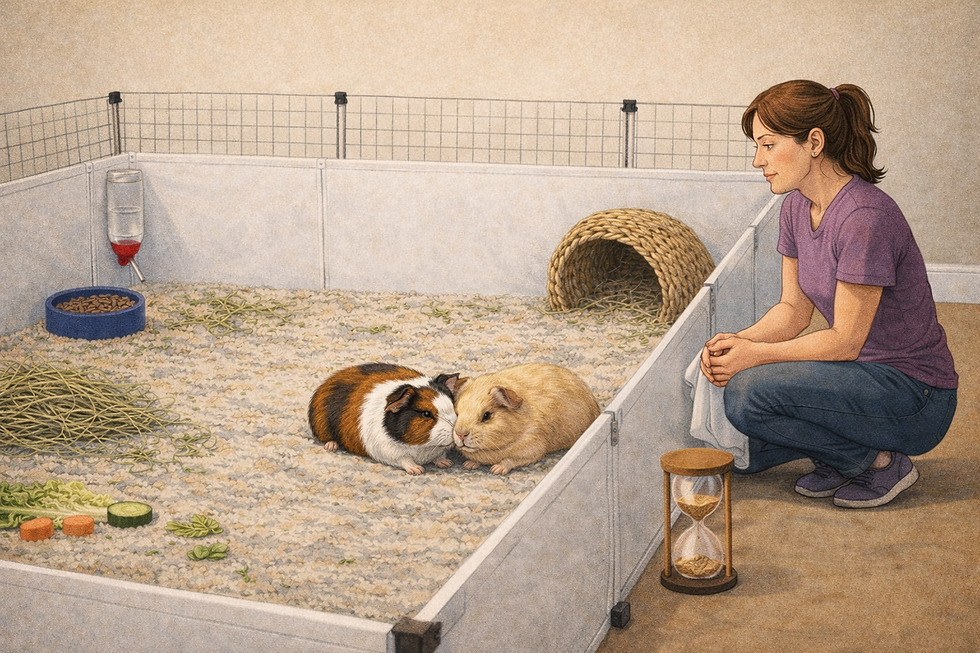 A person is patiently watching two guinea pigs.