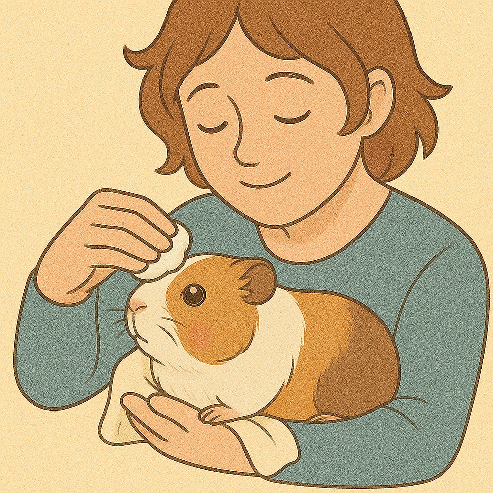 A human is using a cotton ball to help their guinea pig.