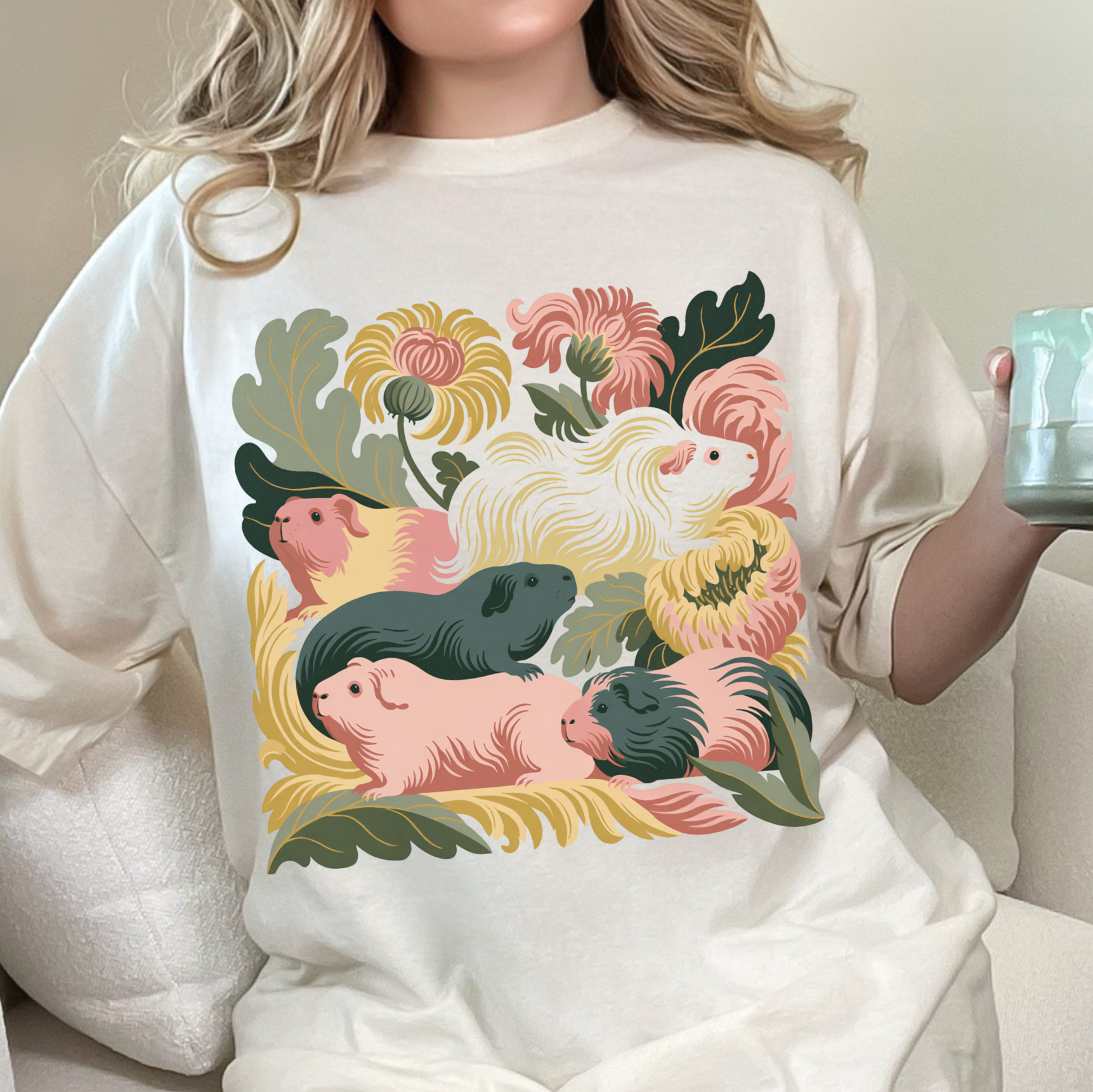 Guinea Pig Garden T‑Shirt — Retro Floral Pocket of Pigs