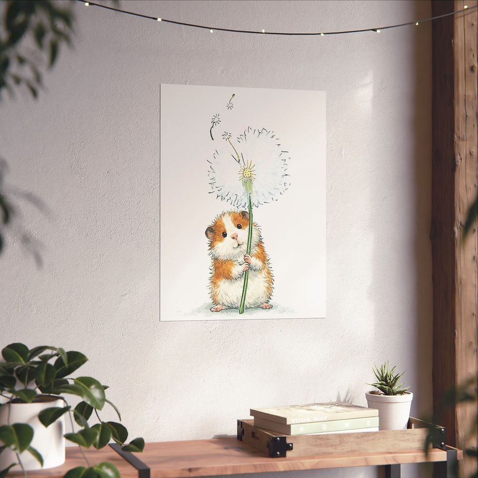 Thumbnail: Guinea Pig with Dandelion Poster, Whimsical Guinea Pig Wall Art