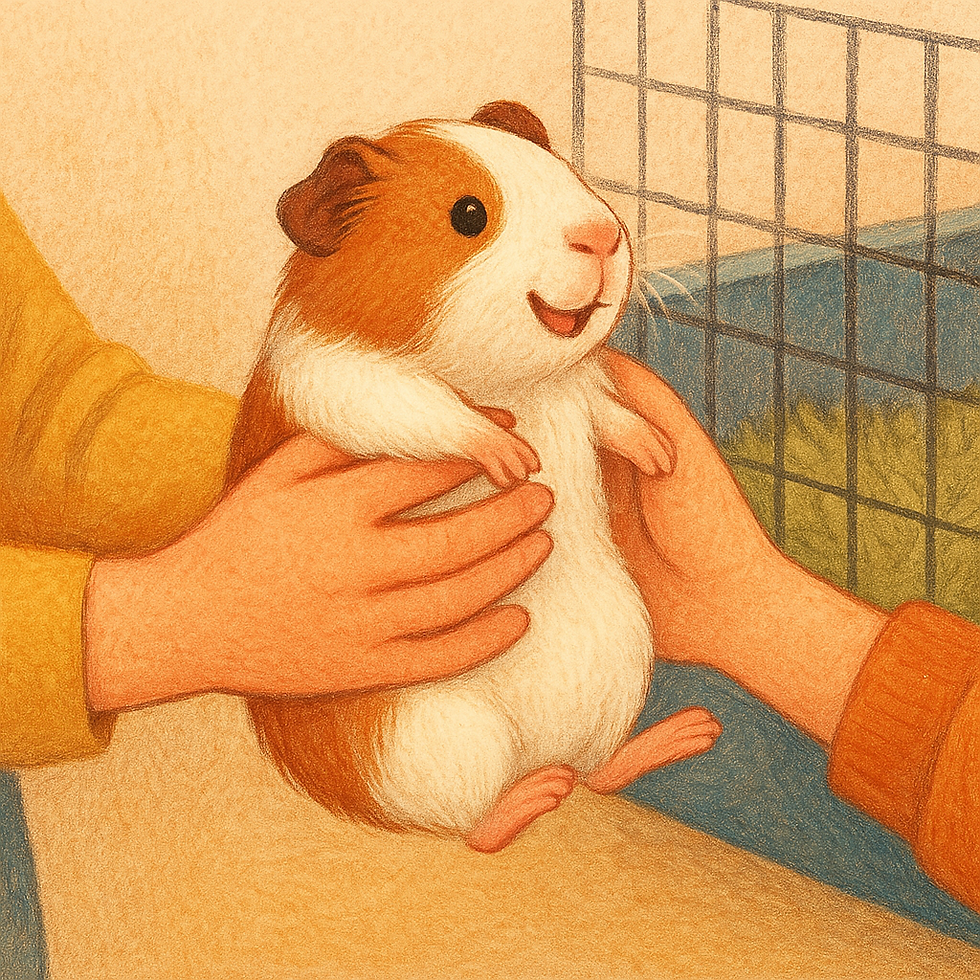 A guinea pig is being handed to their new owner.