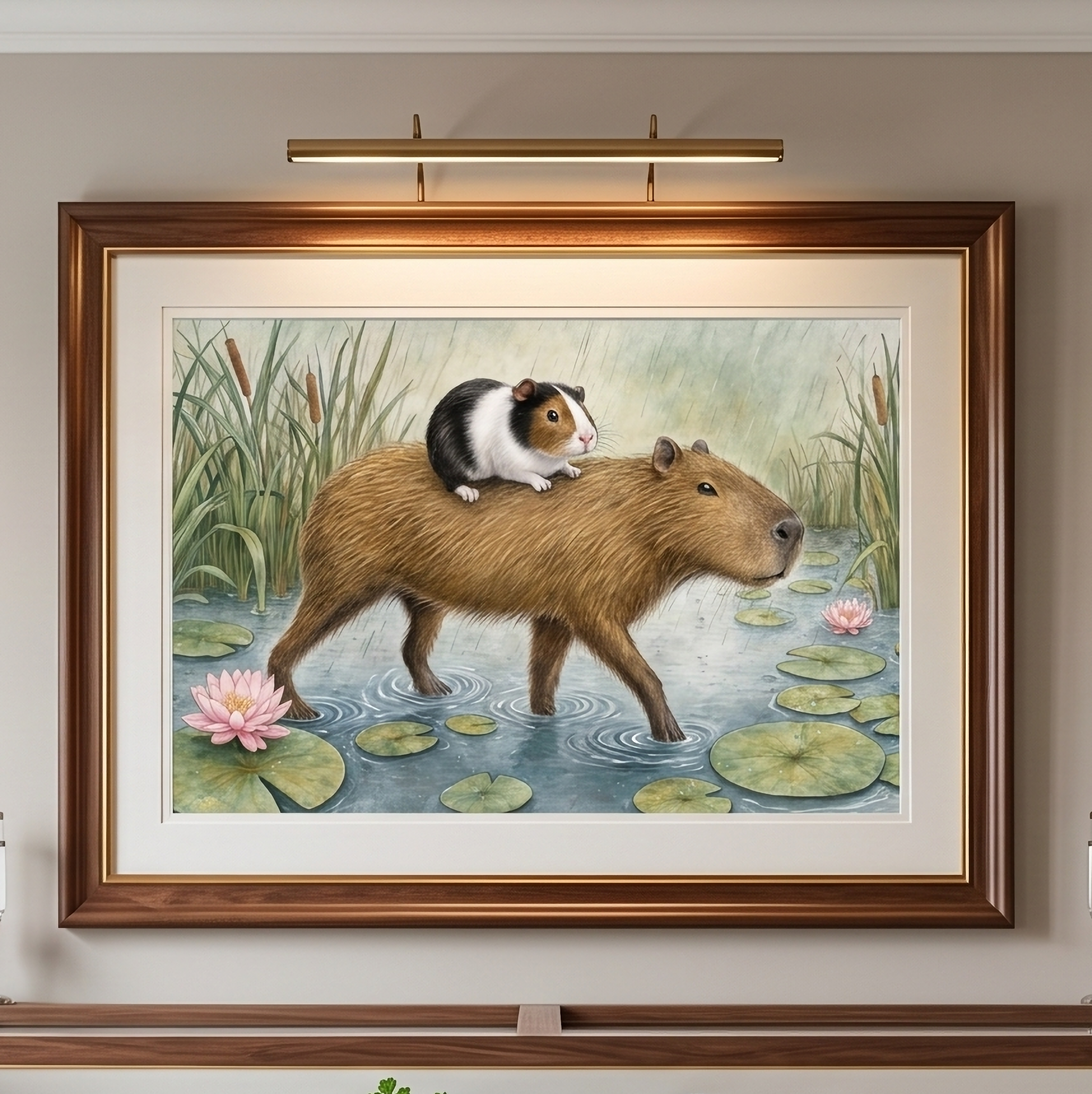 Capybara & Guinea Pig Poster — Rainy Swamp Matte Horizontal Print