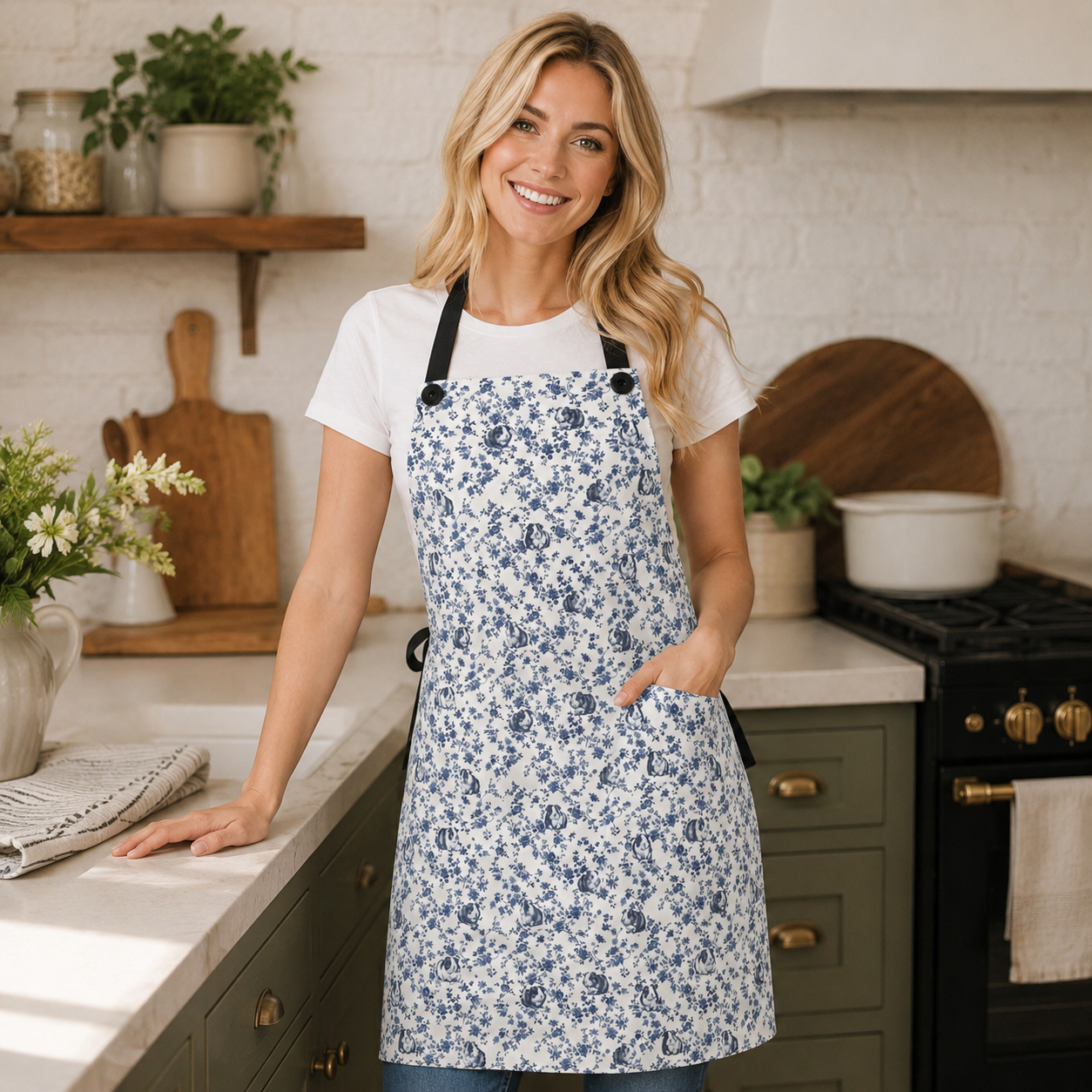 Guinea Pig French Blue Toile Apron — Cottagecore Small Pet Kitchen Apron