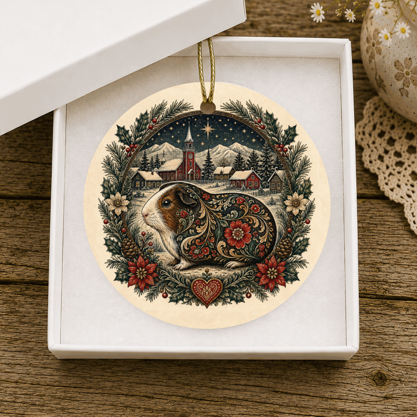 Ceramic Guinea Pig Ornament — Folk Art Winter Village Holiday Decoration