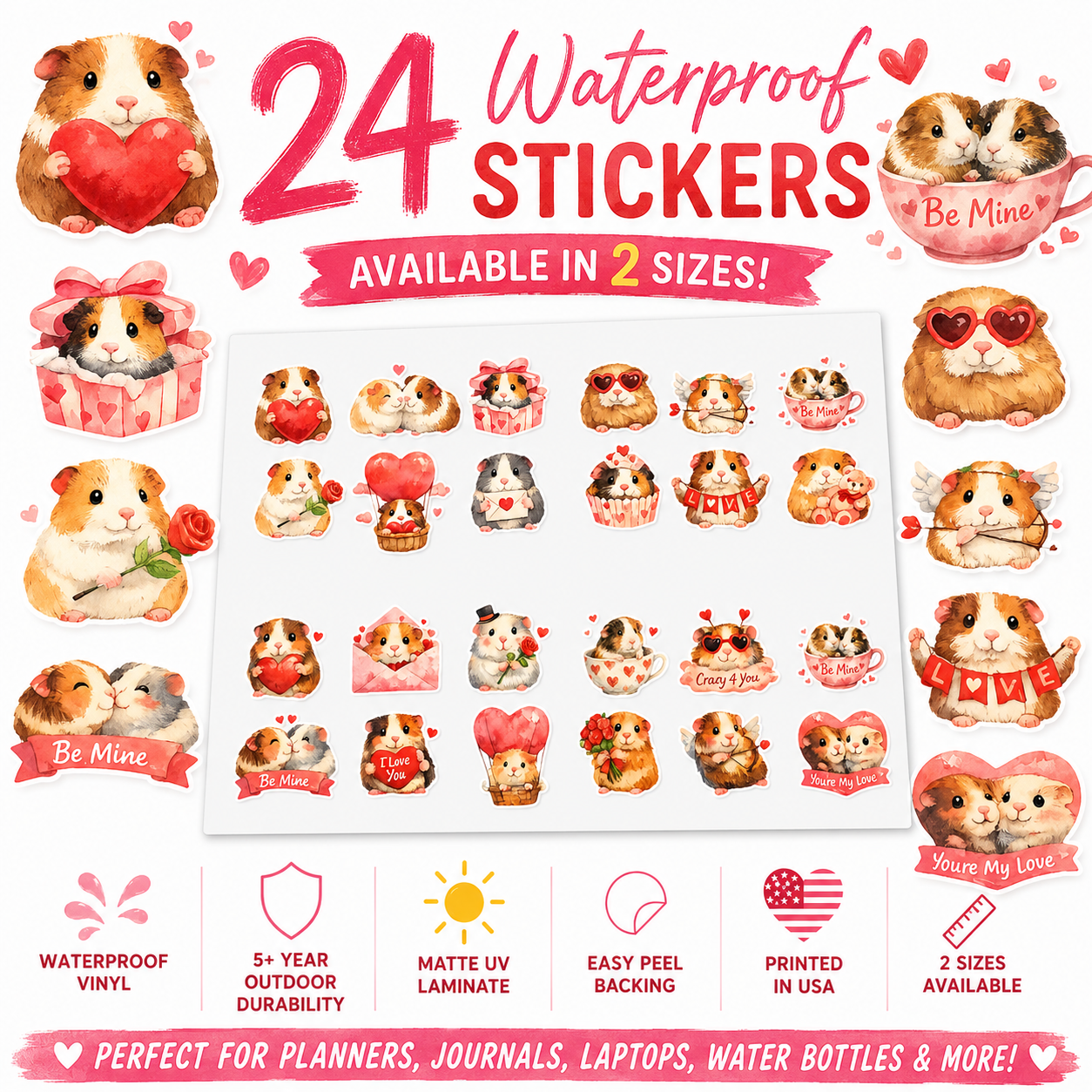 Valentine's Guinea Pig Stickers | Cute Love and Heart Sticker Sheet for Planner
