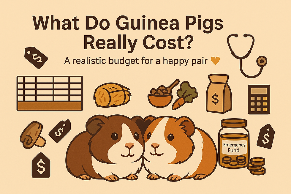 Two guinea pigs are surrounded by all the equipment needed by new guinea pig owners.